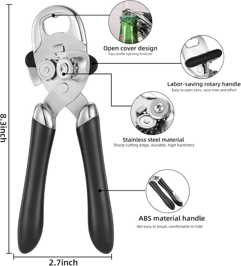 Kitver Multi-function Manual Can Opener Bottle Opener, Oversized Hand-held Easy Rotary Knob, Safe Cut Can Opener with Non-Slip Handle, Smoother Cut Sharp Blade for Seniors Kitchen Tool, Black - Image 1